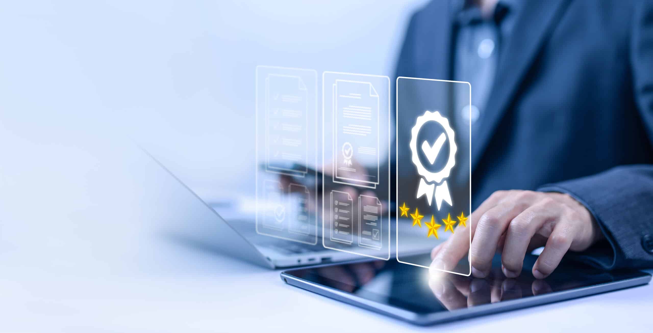 service best certification industrial, quality control concept. service system business certificate standard iso digital technology. quality guarantee process and satisfaction with customers
