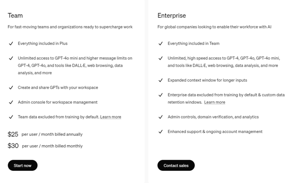 ChatGPT Team and Enterprise pricing 2024