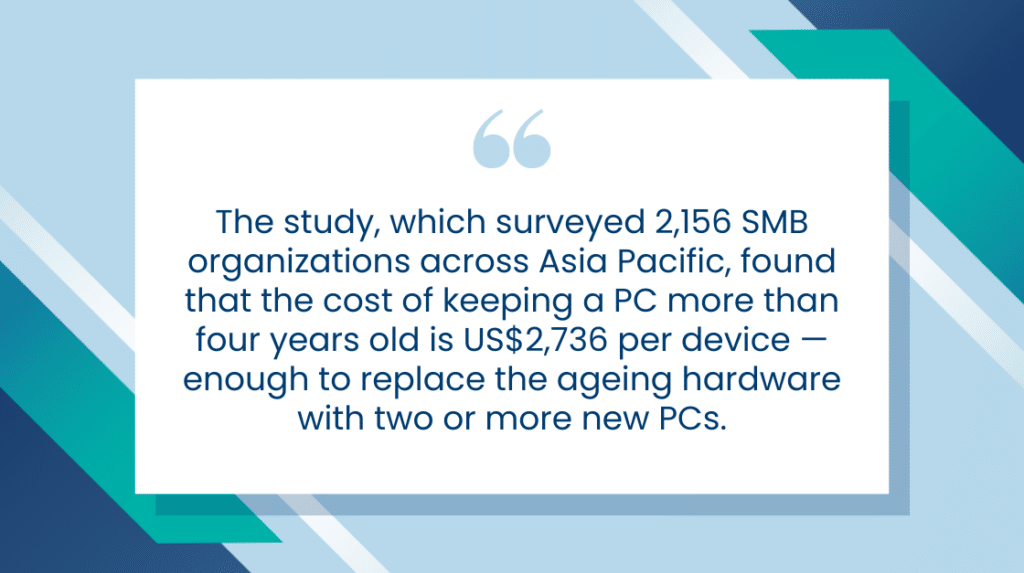The study, which surveyed 2,156 SMB organizations across Asia Pacific, found that the cost of keeping a PC more than four years old is US$2,736 per device — enough to replace the ageing hardware with two or more new PCs.