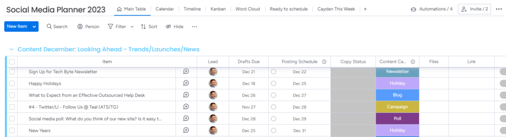 n example Monday.com board for social media project management tracking.