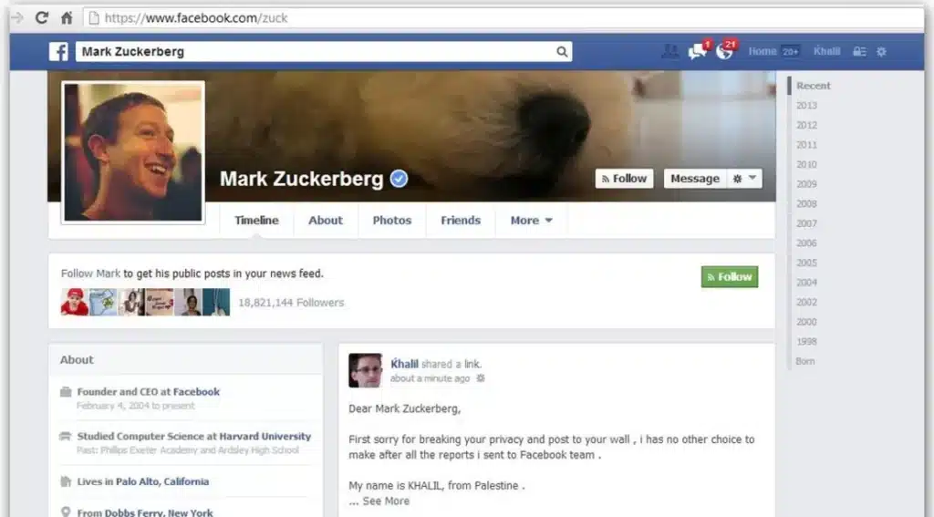 Gray hat hacker, Khalil Shreateh, hacked the Facebook page of founder Mark Zuckerberg in 2013.